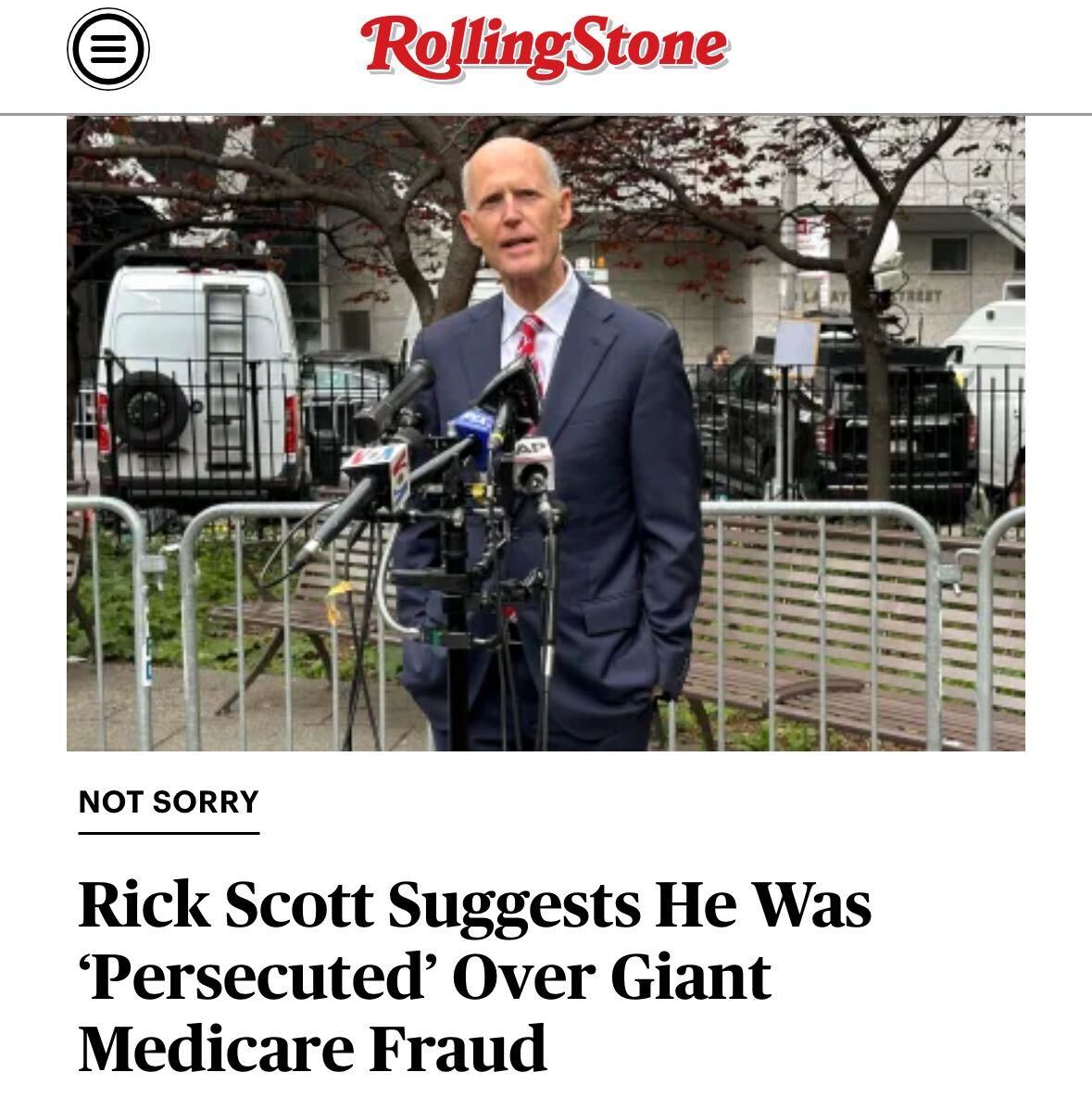 To defend Donald Trump, Florida Sen. Rick Scott claimed that Hillary Clinton “used the Justice Department to go after me” for his firm’s historic Medicare fraud — which ended with $1.7 billion in fines.

Story: rollingstone.com/politics/polit…