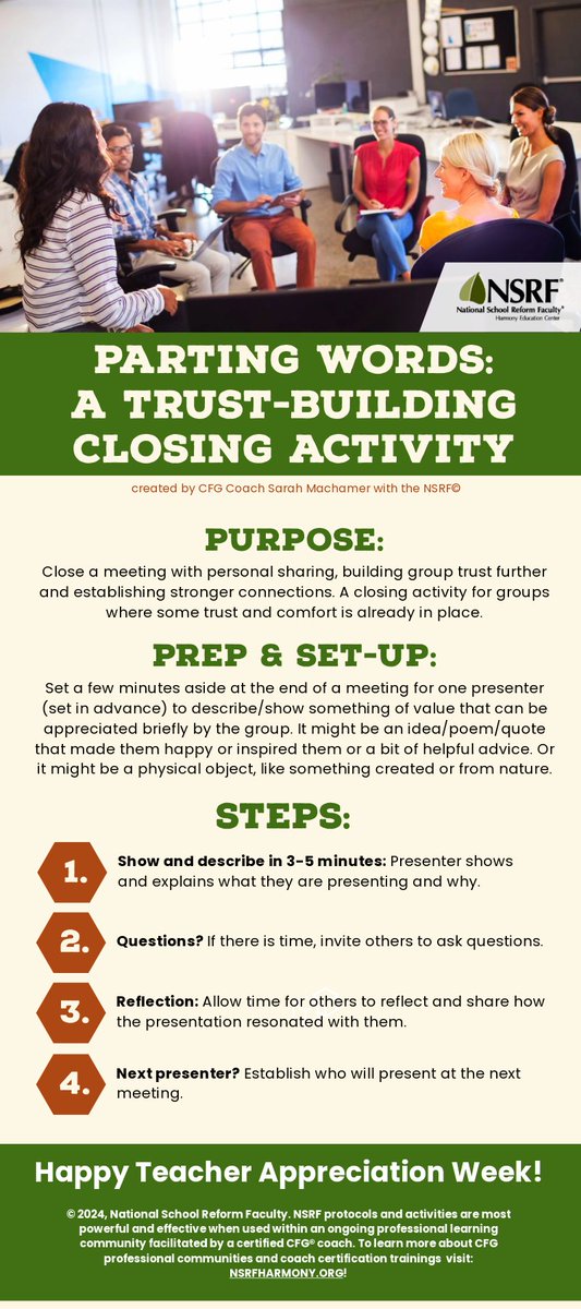 TheNSRF's tweet photo. Happy Teacher Appreciation Week! NSRF has a brand new closer activity you can use in your meetings to build trust + belonging in any size group! Download the complete activity on NSRF Connections >
https://t.co/z4UJ7bXRf6
#becomeaCFGCoach #CFGWork #PLCs #protocolsforteaching https://t.co/s3sypubVUQ