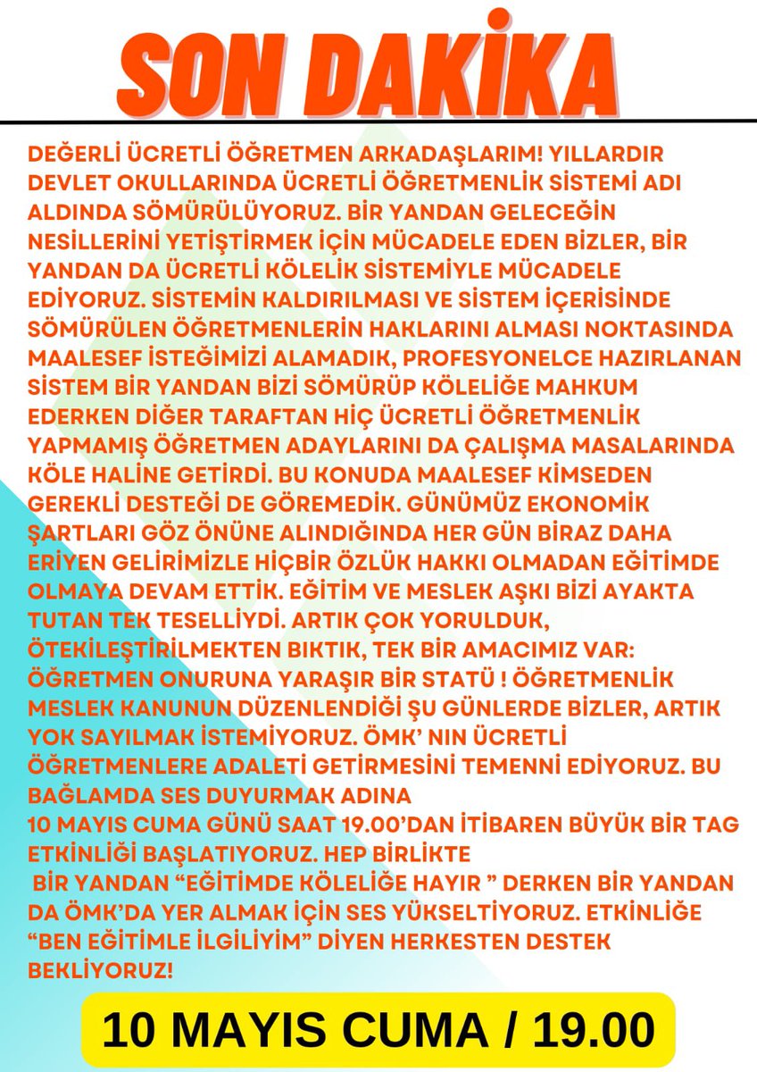 Sayın Bakanım <a href="/Yusuf__Tekin/">Yusuf Tekin</a> ! Ücretli öğretmenlerin olmadığı ÖĞRETMENLİK MESLEK KANUNUNU  kabul etmiyoruz. Hani bu şekilde sömürülmemizin sebebi kanunlardı. Kanun düzenliyorsunuz, burada da mı dışlayacaksınız bizleri? Adaletsiz bir meslek kanununu kabul etmiyoruz, etmeyeceğiz!