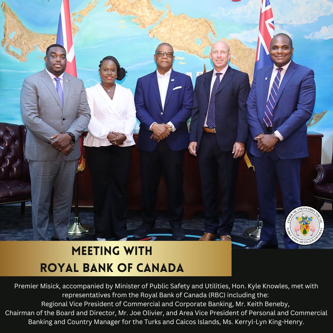 The Premier, Hon. C. Washington Misick, accompanied by Minister of Public Safety and Utilities, Hon. Kyle Knowles, met with representatives from the Royal Bank of Canada (RBC) to discuss funding requirements, and avenues for RBC’s involvement in funding Government projects.