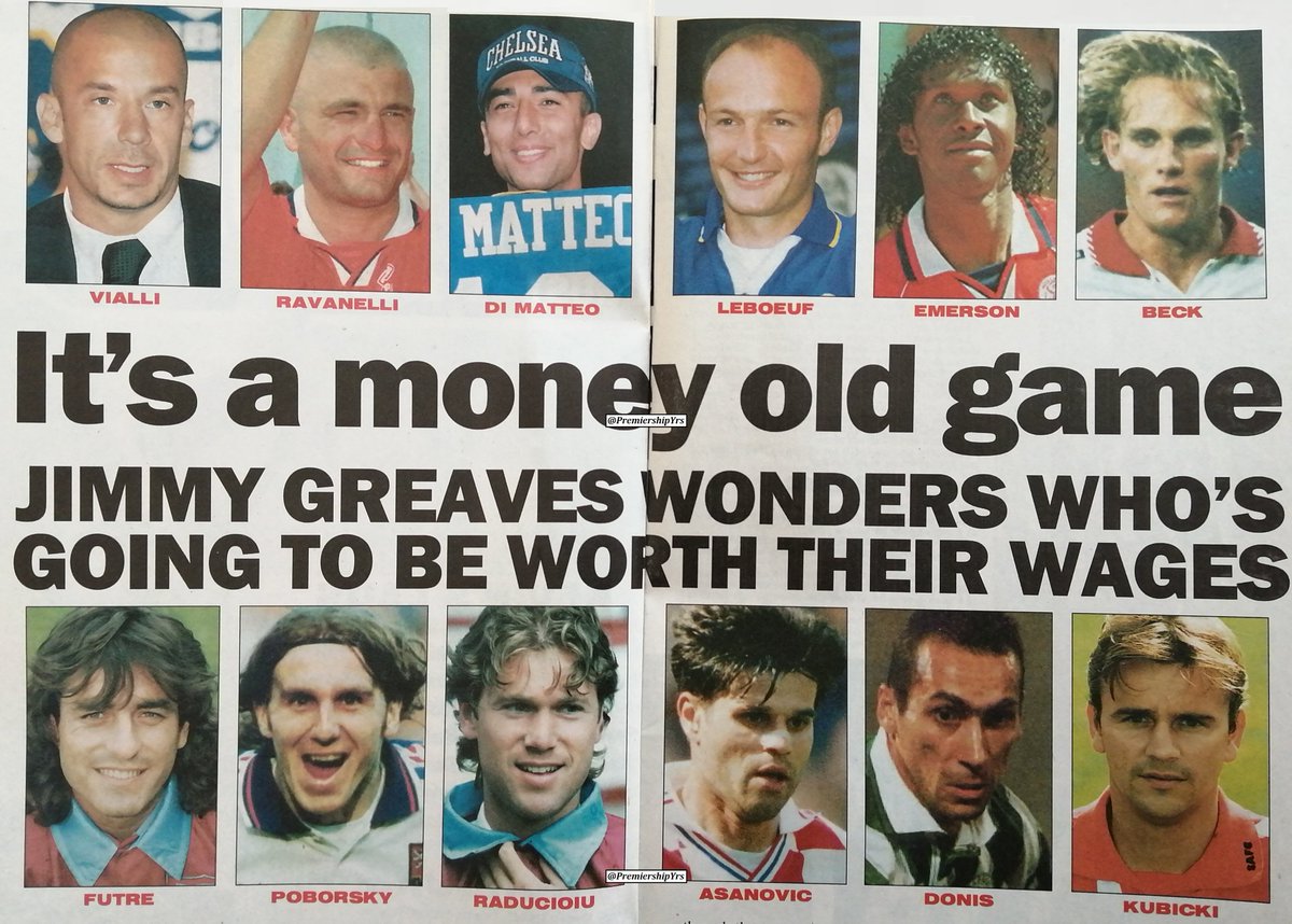 As seen in this mid 1996 headline, Jimmy Greaves was sceptical about the post-Euro 96 foreign invasion into the Premiership.

✈️ Jetting in:
Vialli 🇮🇹
Ravanelli 🇮🇹
Di Matteo 🇮🇹
Leboeuf 🇫🇷
Emerson 🇧🇷
Beck 🇩🇰
Futre 🇵🇹
Poborsky 🇨🇿
Raducioiu 🇷🇴
Asanovic 🇭🇷
Donis 🇬🇷
Kubicki 🇵🇱