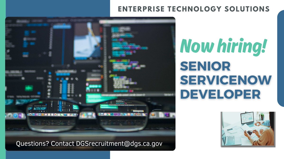 Do you thrive on driving innovative solutions across business lines and have experience with the ServiceNow or Cloud-based systems? The Enterprise Technology Solutions division (ETS) at @CalifDGS is seeking a Senior ServiceNow Developer. Apply today: bit.ly/3UyfM6w