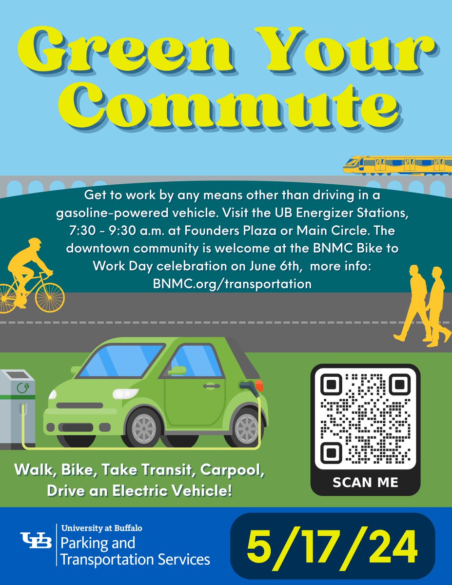 Next Friday, May 17th, is Green Your Commute Day across #UBuffalo! Put on by @ubparking, this day is dedicated to making our transportation habits greener by selecting alternative methods of transportation, such as carpooling, bicycling, driving an EV, or working remotely!