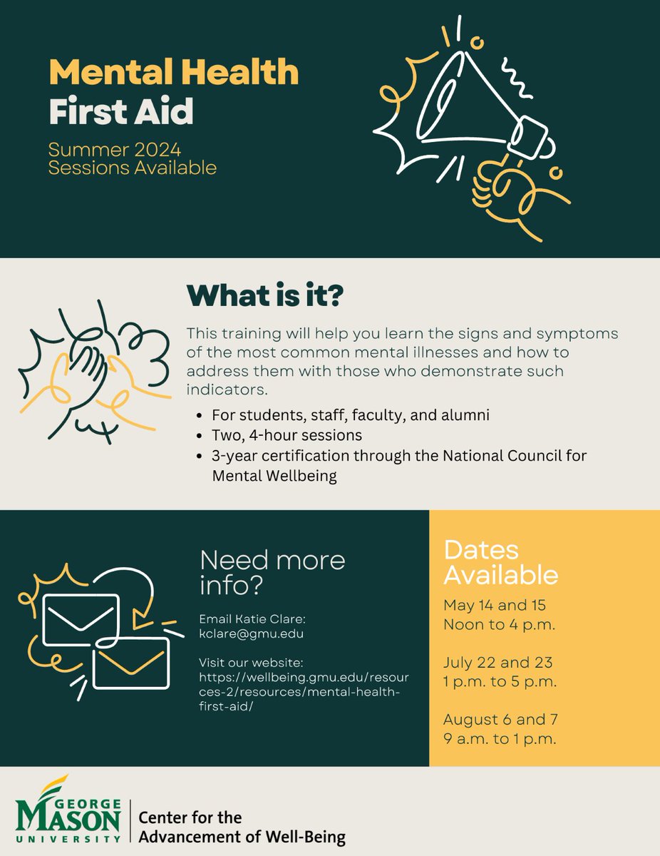 #MasonNation, earn a free certification in Mental Health First Aid and learn how to help people with their #mentalhealth - summer session details here: wellbeing.gmu.edu/resources-2/re…
#wellbeing