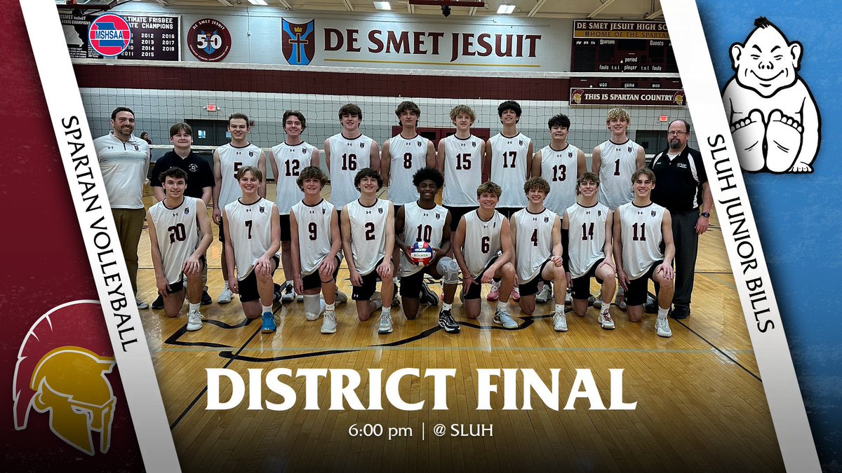 Good luck to our @DeSmetJesuitVB #Spartans as they head to @sluhvball at 6 tonight for the @MSHSAAOrg District Championship #LetsGo #RaiseTheBar @DeSmet_ADBarker @STLhssports 🎟️desmet.org/tickets 📺desmet.org/dsn (@MshsaaTV PPV)