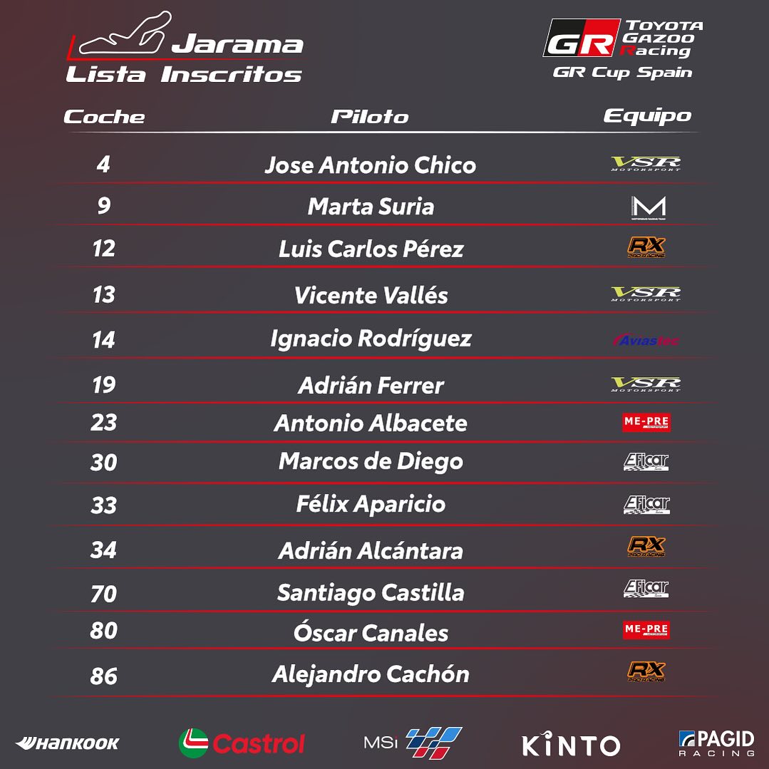 TOYOTA GAZOO Racing Spain (@tgr_spain) on Twitter photo 🇪🇸 ¡Comenzamos! Este fin de semana tienes una cita en el Circuito de Madrid Jarama - RACE con la primera prueba de la #GRCupSpain🔝💯.
-
🇬🇧 Don't miss it! This weekend, head to the Jarama Circuit for the first round of the #GRCupSpain🔝💯. 🇪🇸 ¡Comenzamos! Este fin de semana tienes una cita en el Circuito de Madrid Jarama - RACE con la primera prueba de la #GRCupSpain🔝💯.
-
🇬🇧 Don't miss it! This weekend, head to the Jarama Circuit for the first round of the #GRCupSpain🔝💯.