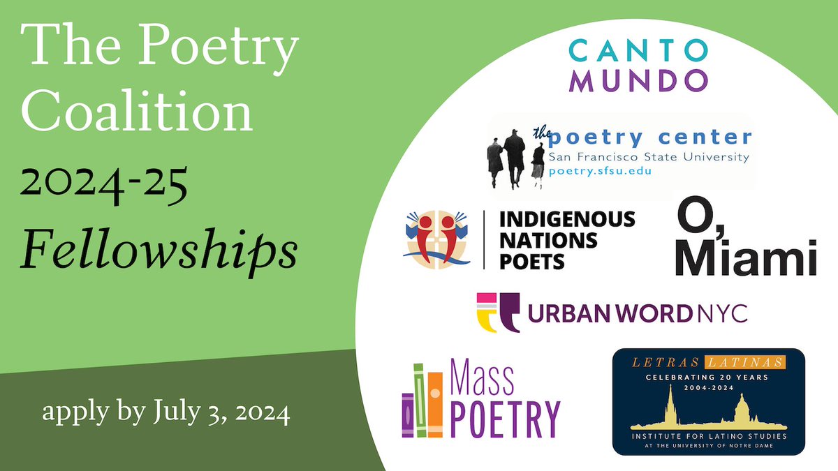 The seven #PoetryCoalition organizations hosting fellows are @CantoMundo, @in_na_po, @LetrasLatinas, @masspoetry, @omiamifestival, @ThePoetryCenter & @urbanwordnyc. To learn more & apply, visit: poets.org/poetry-coaliti…
