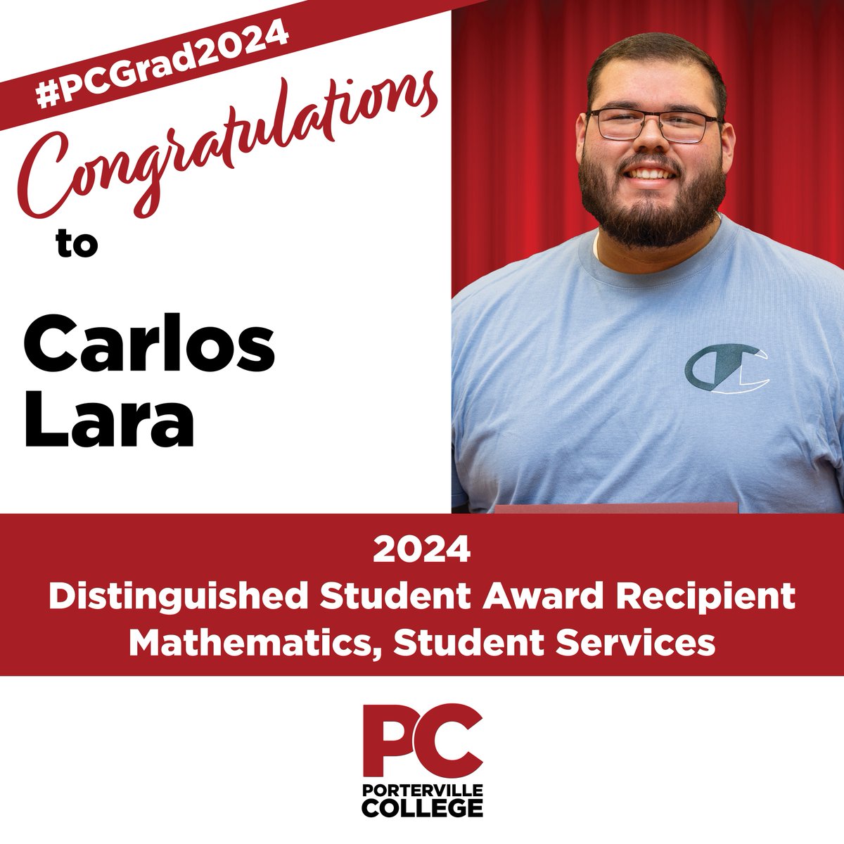 Congratulations to Carlos Lara -- 2024 Distinguished Student Award Recipient in Mathematics, Student Services! #PCGrad2024 #PCStudentSuccess
