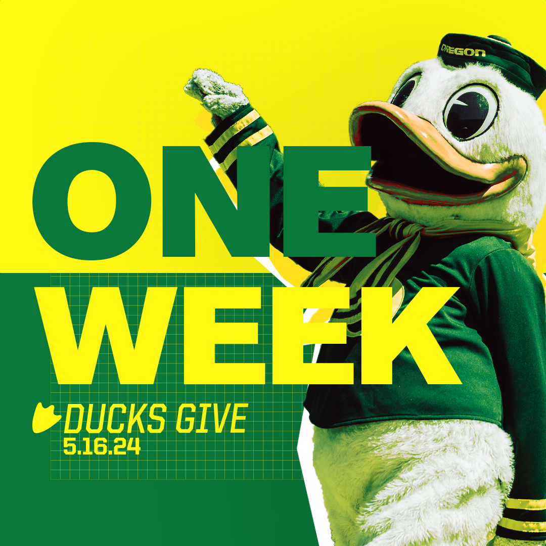 We are just ONE WEEK away from Ducks Give Day of Giving on May 16. 

Oregon Athletics' goal this year for Ducks Give is 502 gifts: one for each of Oregon's 502 student-athletes!

Want to learn more? Visit GoDucks.com/DucksGive24

#GoDucks