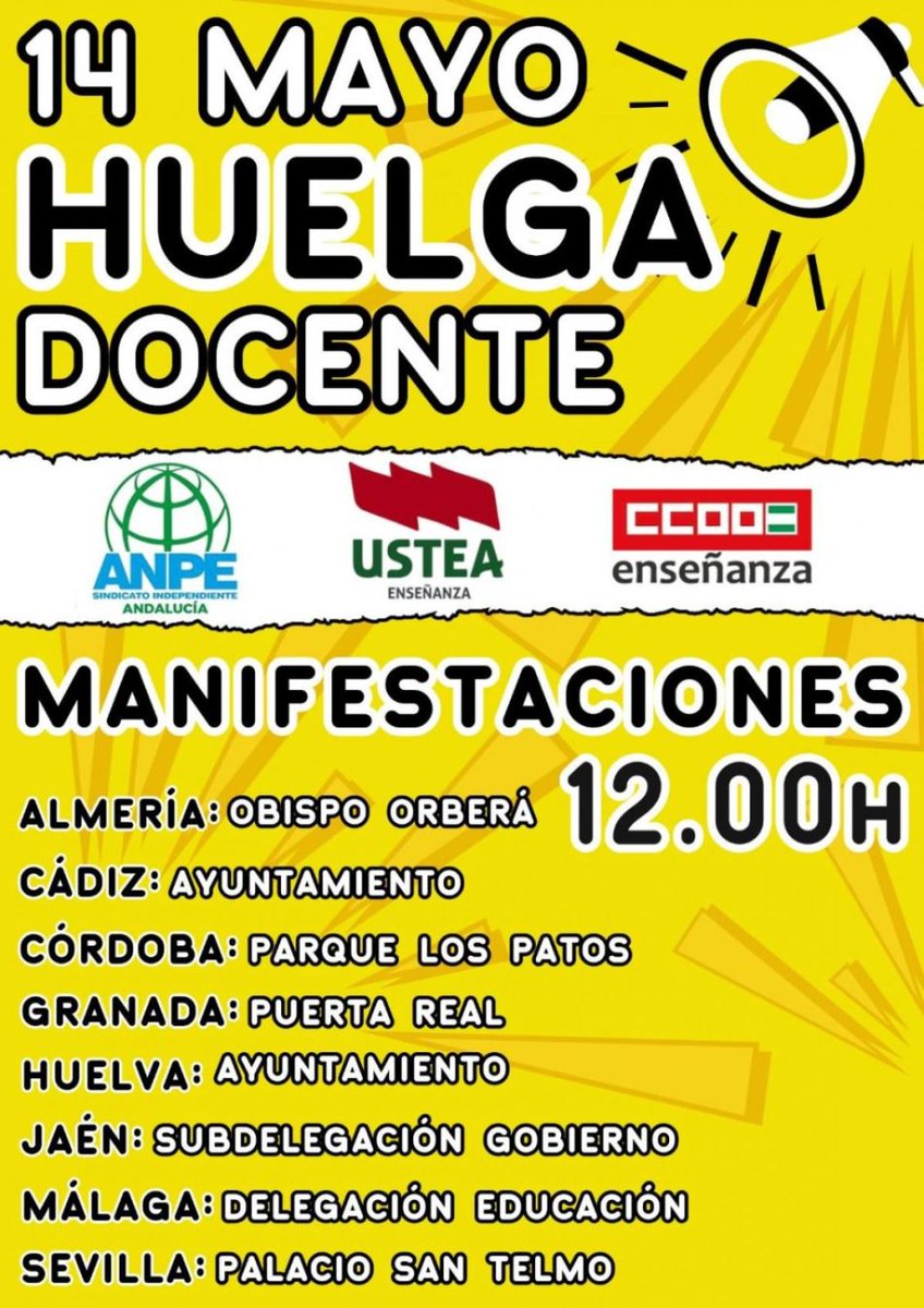 📣14 de mayo HUELGA POR LA EDUCACIÓN PÚBLICA❗

💚 Bajada de ratios
💚 Aumento recursos humanos para una Atención a la Diversidad de calidad
💚 Ni un aula menos en la pública
💚 Menos burocracia

Porque no nos faltan los motivos, ¡VAMOS A LA HUELGA!

#14mayo #educaciónpública