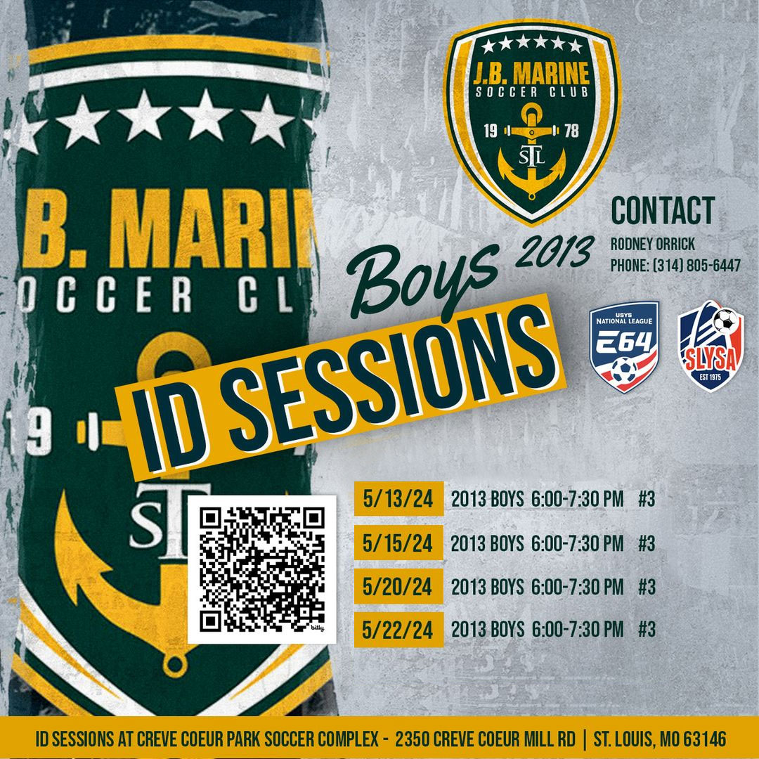 ⚽ REMINDER 2013 BOYS OPEN ID SESSIONS NEXT WEEK! Check out our website today at bit.ly/JBMarineIDSess… for the latest information and how to register for ID sessions. 📞 Contact Rodney Orrick at 314.805.6447 for more info.