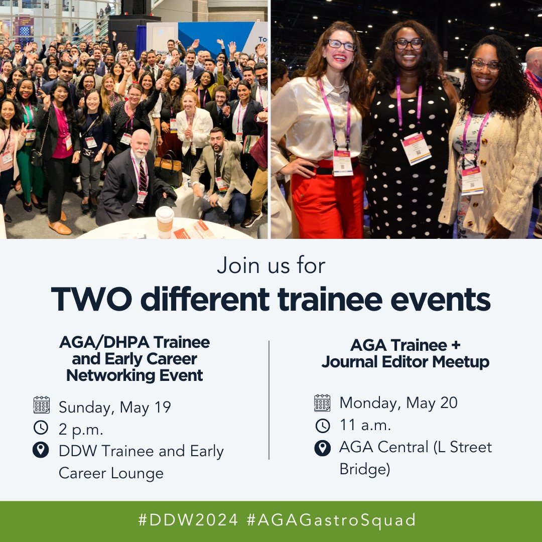 If you’re a trainee or early career GI, don’t miss out on these #DDW2024 networking events designed just for you! 🤩 Mark your calendars. ⤵️ 🤝🏼 AGA-@DHPAnews trainee & early career networking event (May 19, 2 p.m.) 🤝🏼 AGA trainee + journal editors meetup (May 20, 11 a.m.)