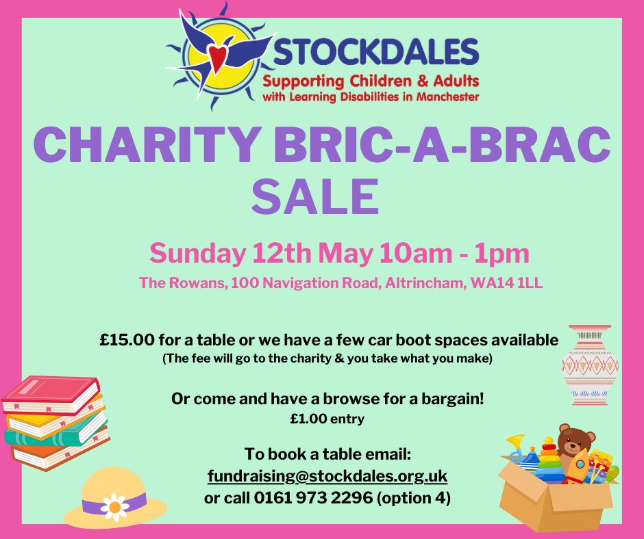 We have lots of great stalls at our Bric a Brac Sale this Sunday - including GET Free Books Sale + a half price toy stall from GALT Toys So come down for a browse & a bargain. £1 entry Kids FREE #bricabrac #carboot #tabletopsale #altrincham #saletown #timperley #wythenshawe