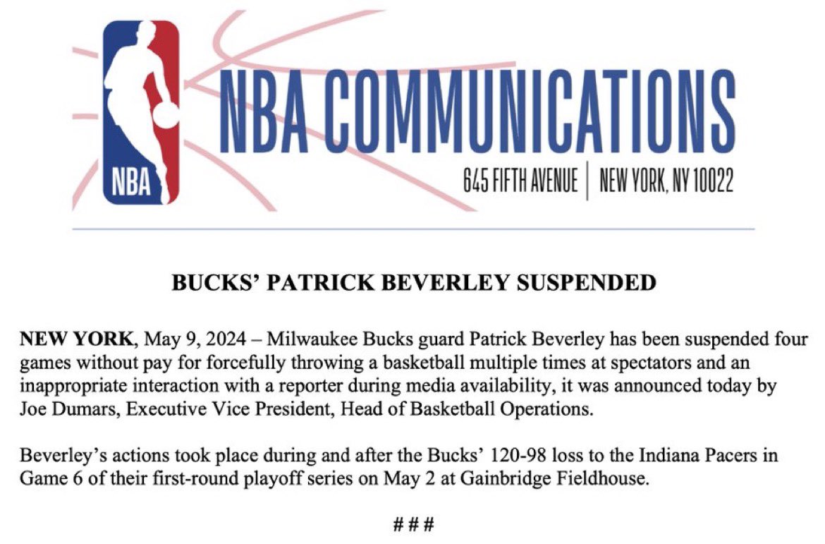 NBA suspends Pat Beverly four games without pay.