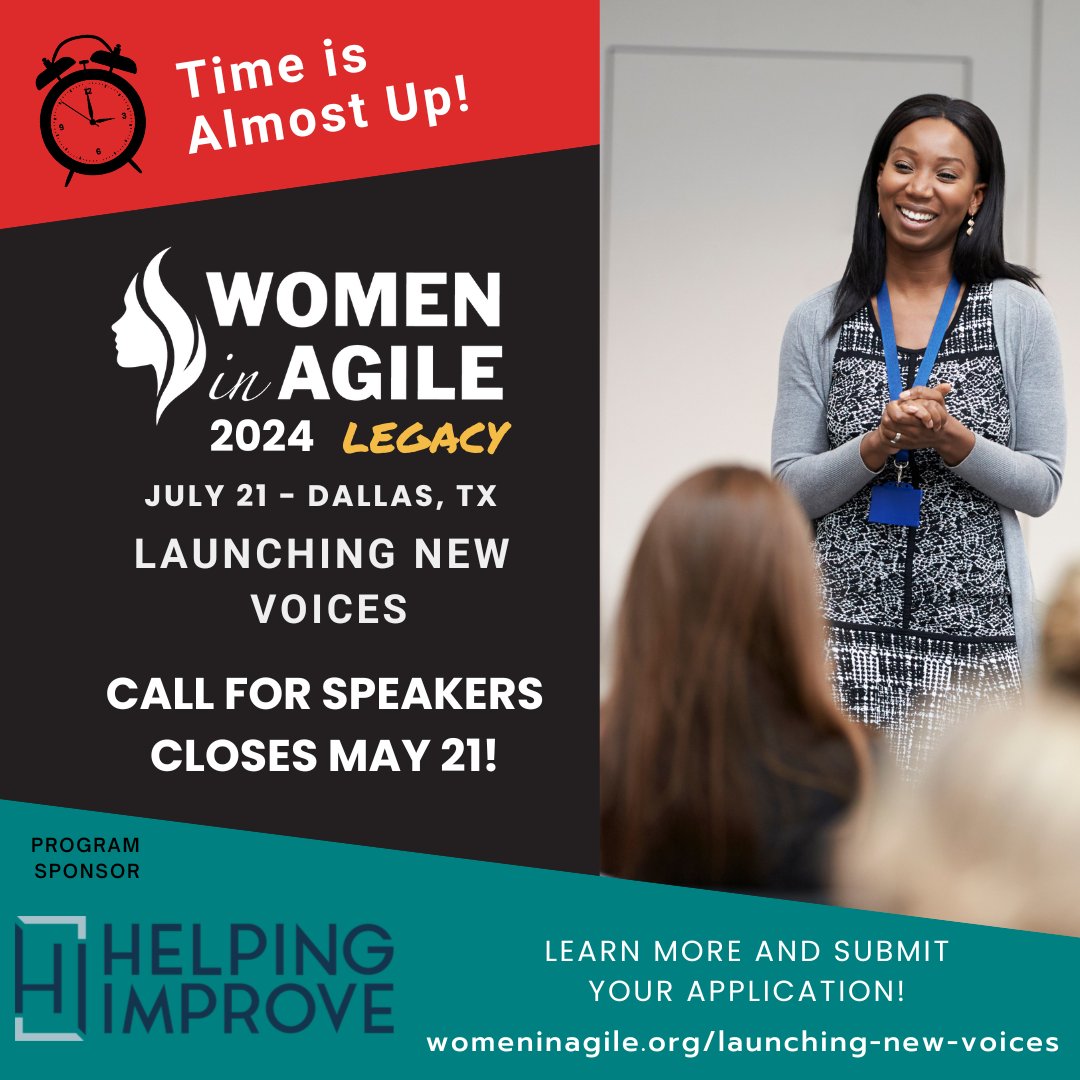 The WiA Launching New Voices call for speakers for WiA2024 is closing on May 21. Don't miss this opportunity to be paired with a mentor to guide you on your journey. Apply today! Thank you to our program sponsors, Helping Improve. #WomenInAgile #LaunchingNewVoices #WiA2024