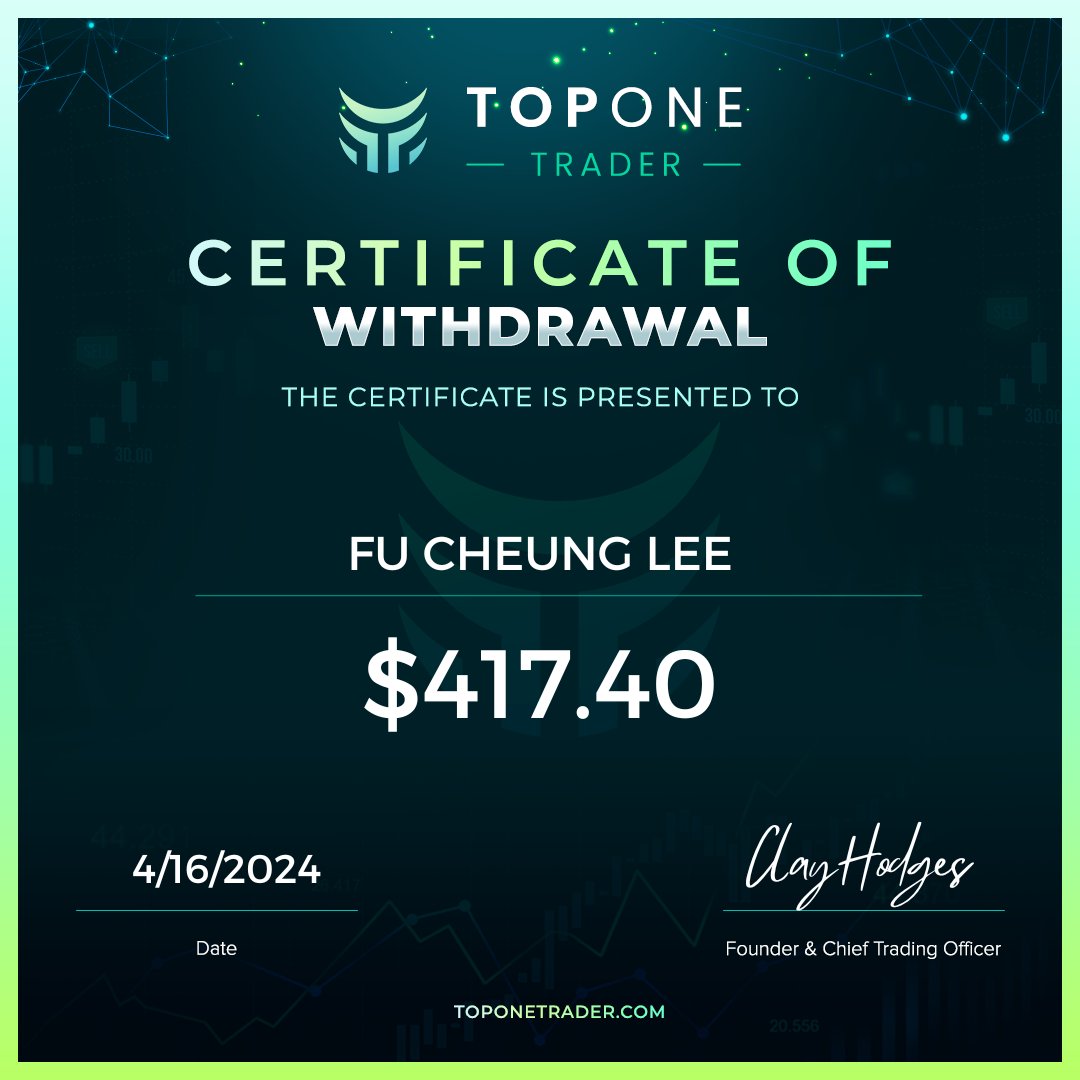 Congratulations to Fu Cheung Lee with a payout of $417.40💰📈‼️ Who's next?! We have the most simple, generous, and easy to follow trading programs in the entire prop firm space. ✅One phase challenge ✅Biweekly payouts