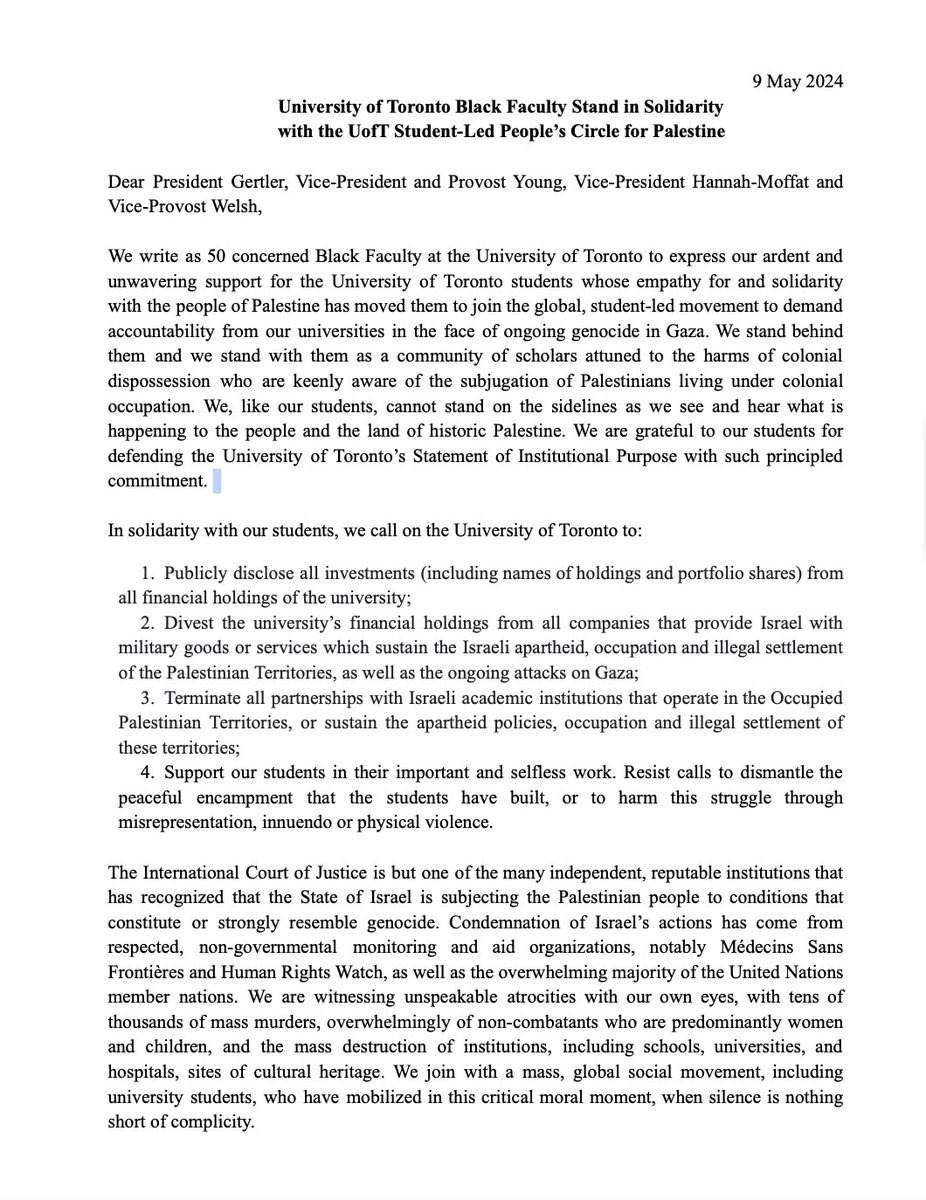 University of Toronto Black Faculty Stand in Solidarity
with the UofT Student-Led People’s Circle for Palestine ✊🏾🍉🔥 <a href="/occupyuoft/">UofT Occupy for Palestine</a> <a href="/palyouthmvmt/">Palestinian Youth Movement</a> <a href="/utfaculty/">UTFA</a>