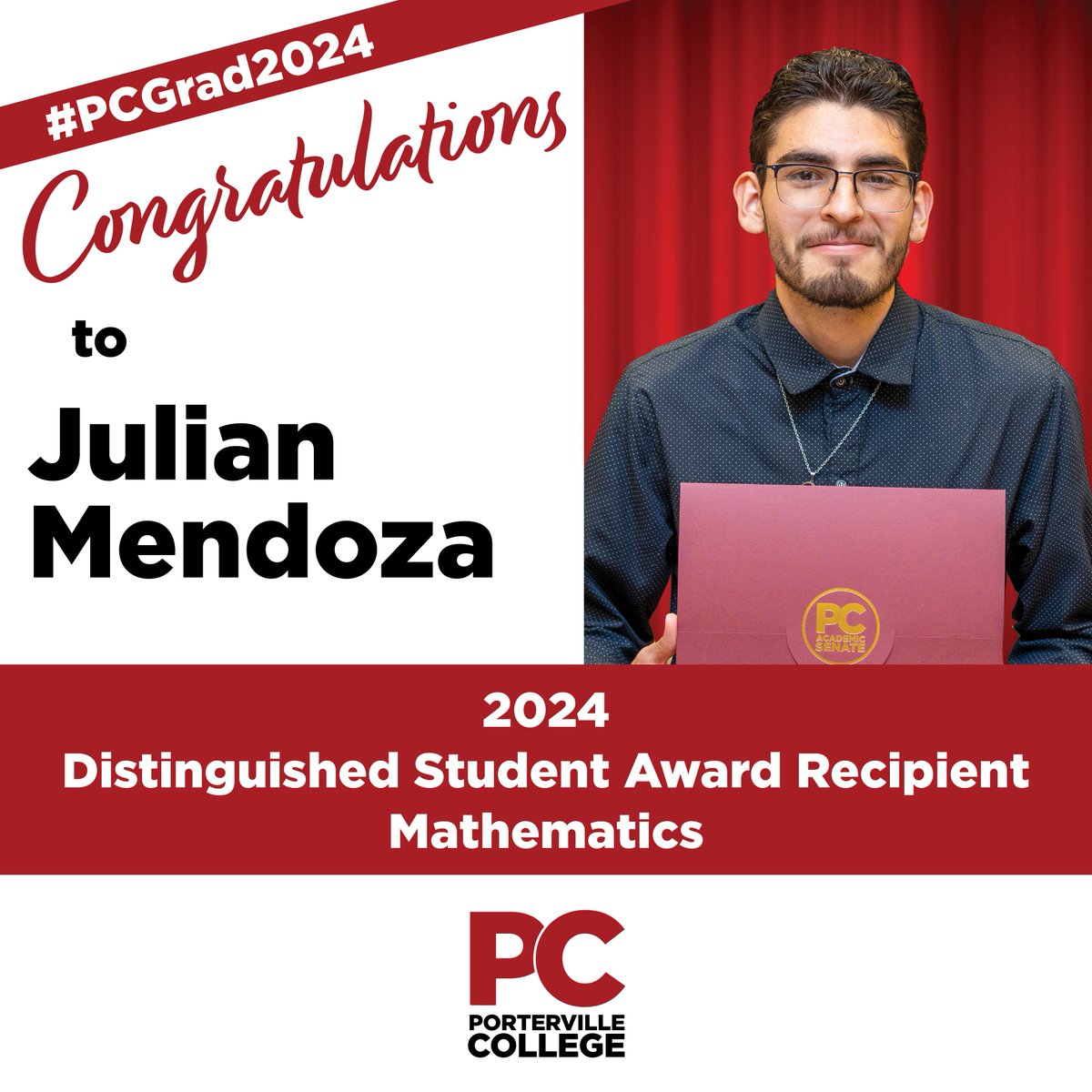 Congratulations to Julian Mendoza -- 2024 Distinguished Student Award Recipient in Mathematics! #PCGrad2024 #PCStudentSuccess