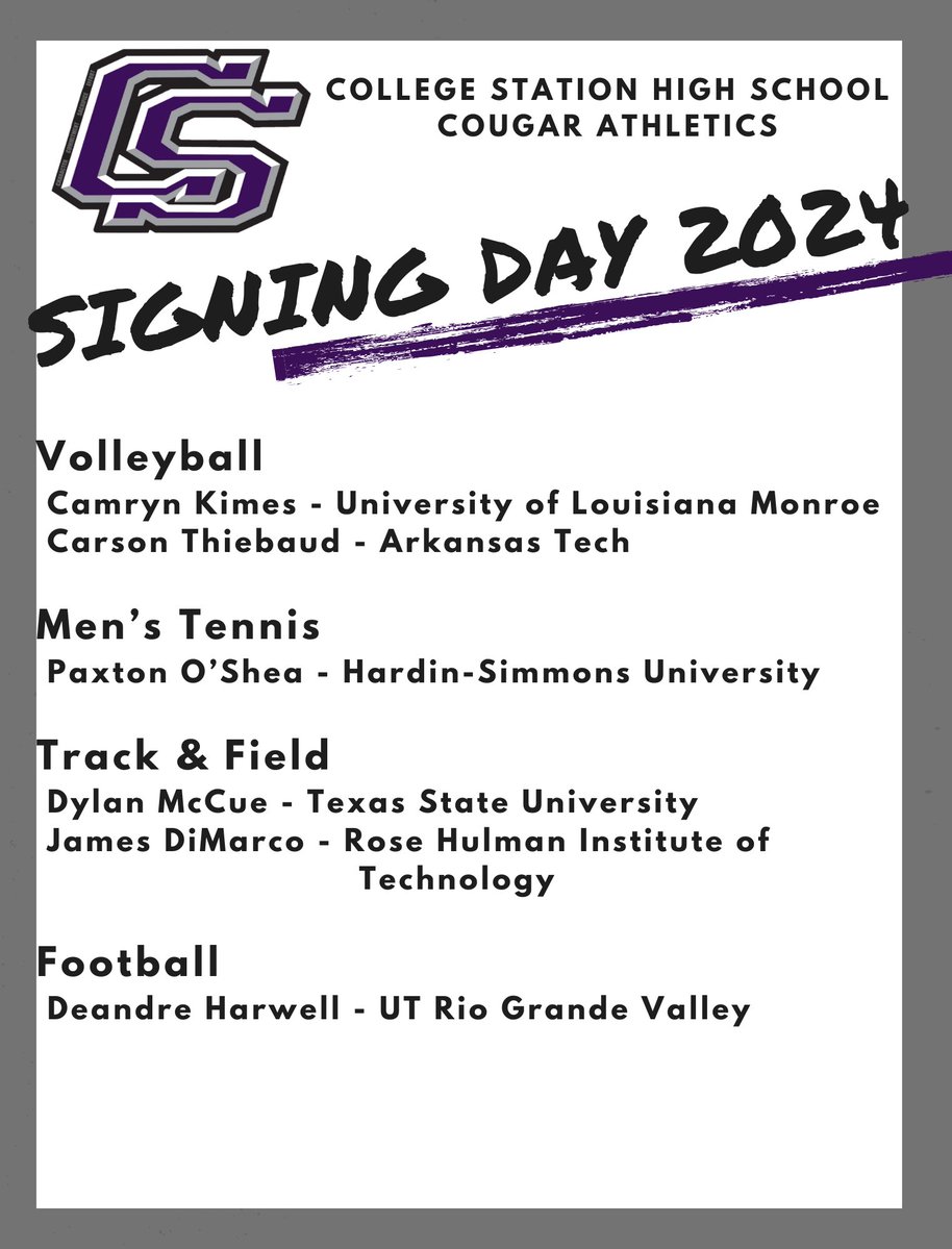 🟣CSHS SIGNING DAY 🗓️Monday, May 13th ⏰3:15 PM 📍CSHS Auditorium & LGI Don't miss the opportunity to celebrate these student-athletes at our last signing day of the 2023-24 school year!