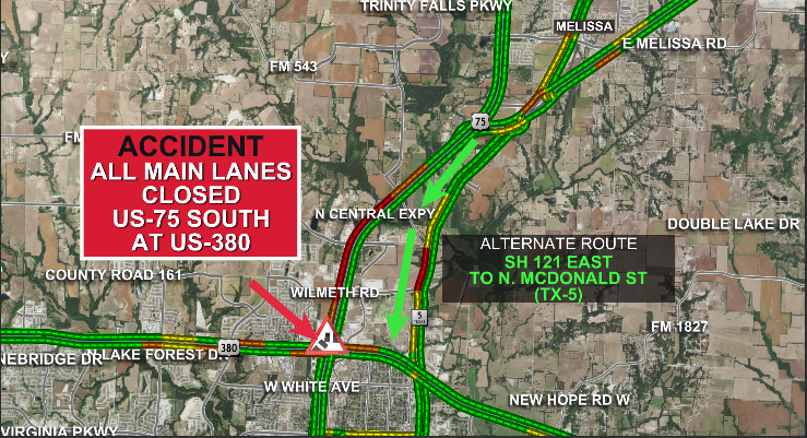 TRAFFIC ALERT: An accident involving an overturned 18-wheeler has shut down all southbound main lanes on US-75 at US-380. Traffic is getting by on the left shoulder. An alternate route is TX-121 eastbound to N. McDonald St. All exits to US-380 from Central Expressway are open.