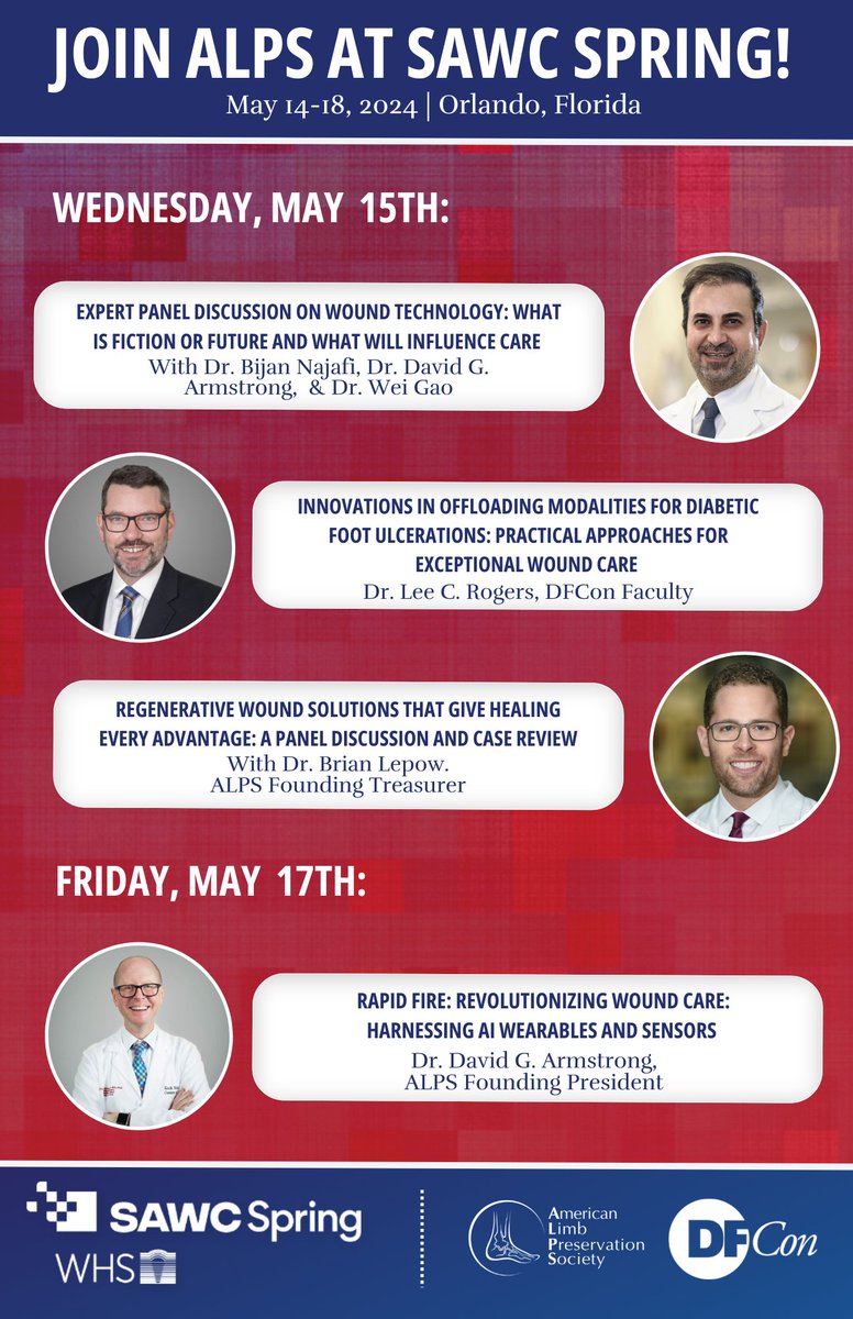 Join ALPS at the Symposium on Advanced Wound Care (SAWC) next week! Visit our booth and attend presentations and panels by ALPS board members and DFCon faculty! See the full agenda here: 
hmpglobalevents.com/sawcspring/age… #sawc #woundcare #diabeticfoot  #limbpreservation