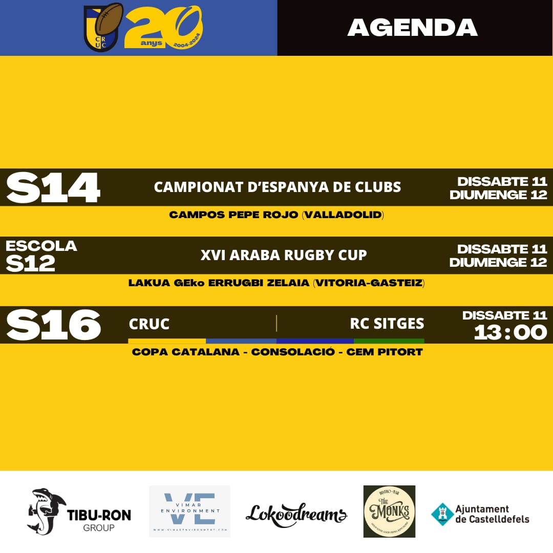 L'agenda del CRUC, 11-12 de maig. 

🏉 L'equip S14 competeix en el Campionat d'Espanya de clubs a Valladolid. 

🏉 L'Escola S12 participa a la XVI edició de la Araba Rugby Cup.

🏉 El S16 juga contra el RC Sitges el partit de consolació de la Copa.

Molta sort a tots!

#VAMOSCRUC