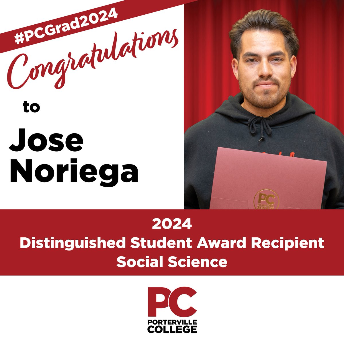Congratulations to Jose Noriega -- 2024 Distinguished Student Award Recipient in Social Science! #PCGrad2024 #PCStudentSuccess