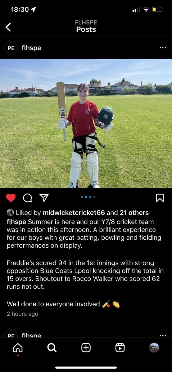 Super proud of this one. Captained his school year 7/8 team today and got 62 Not Out. Well done @rocs66 All that hard work is paying off. @FredLongworth @JameelStuartCA @ginpitcc @mandhcricket