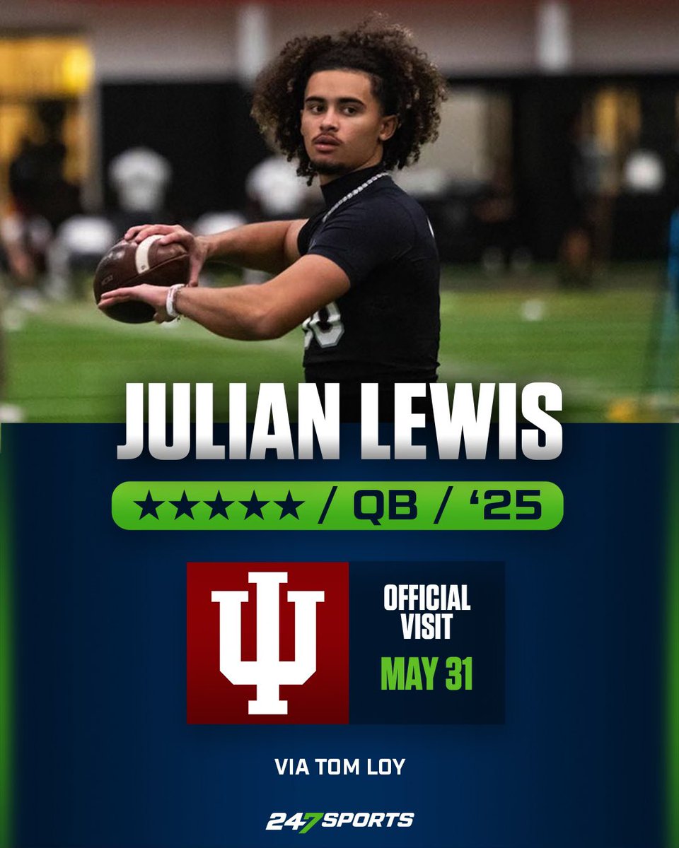 Sources have told #247Sports that five-star quarterback and #USC commit Julian Lewis has set an Official Visit for #Indiana. He'll be on campus on May 31. VIP Update: 247sports.com/article/indian… @JuJuLewis10 @247Sports / @peegs