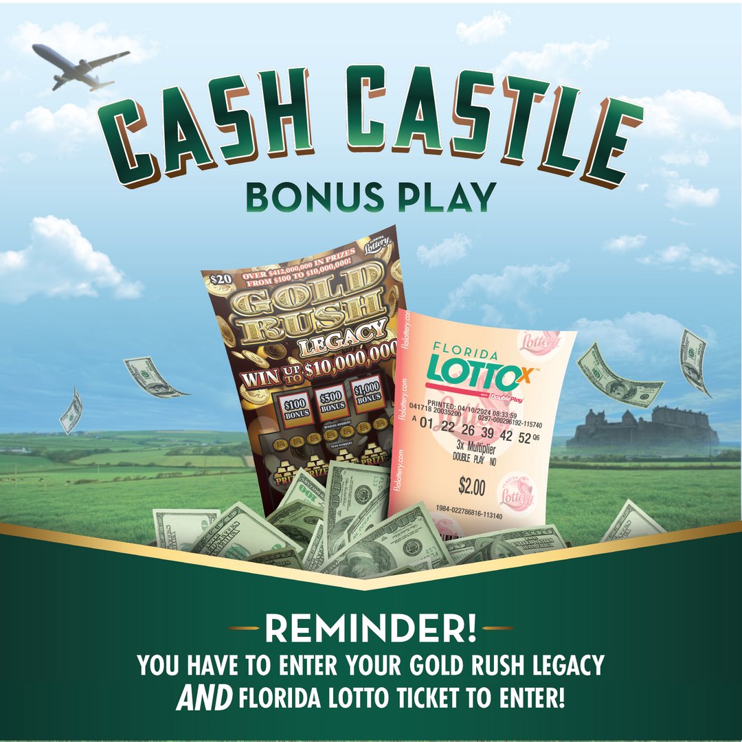 You still have a chance to enter the 𝓒𝓪𝓼𝓱 𝓒𝓪𝓼𝓽𝓵𝓮 𝓑𝓸𝓷𝓾𝓼 𝓟𝓵𝓪𝔂! 🏰 Enter your GOLD RUSH LEGACY Scratch-Off with a FLORIDA LOTTO Draw Game ticket for a chance to enter! #FloridaLottery #BonusPlay bit.ly/4aGaxIV