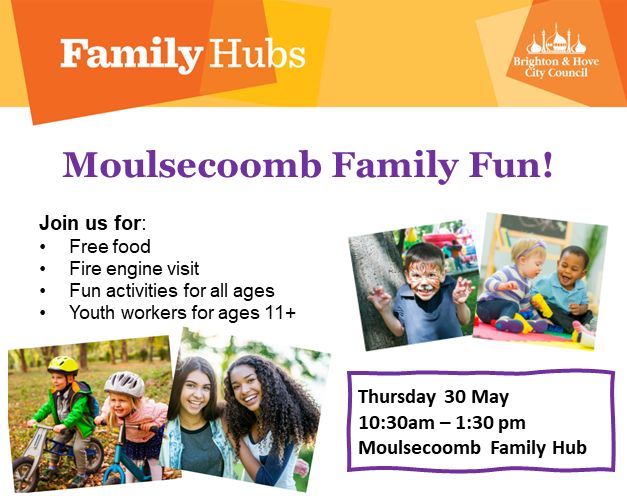 Moulsecoomb Family Fun event! 📅 Thursday 30 May 🕦 10:30 - 1:30pm 📍 Mouslecoomb Family Hub Activities for all ages, including cooking, Dr. Bikes, yoga taster sessions, youth activities for ages 11+, badge-making, games for little ones and fire engine visit!