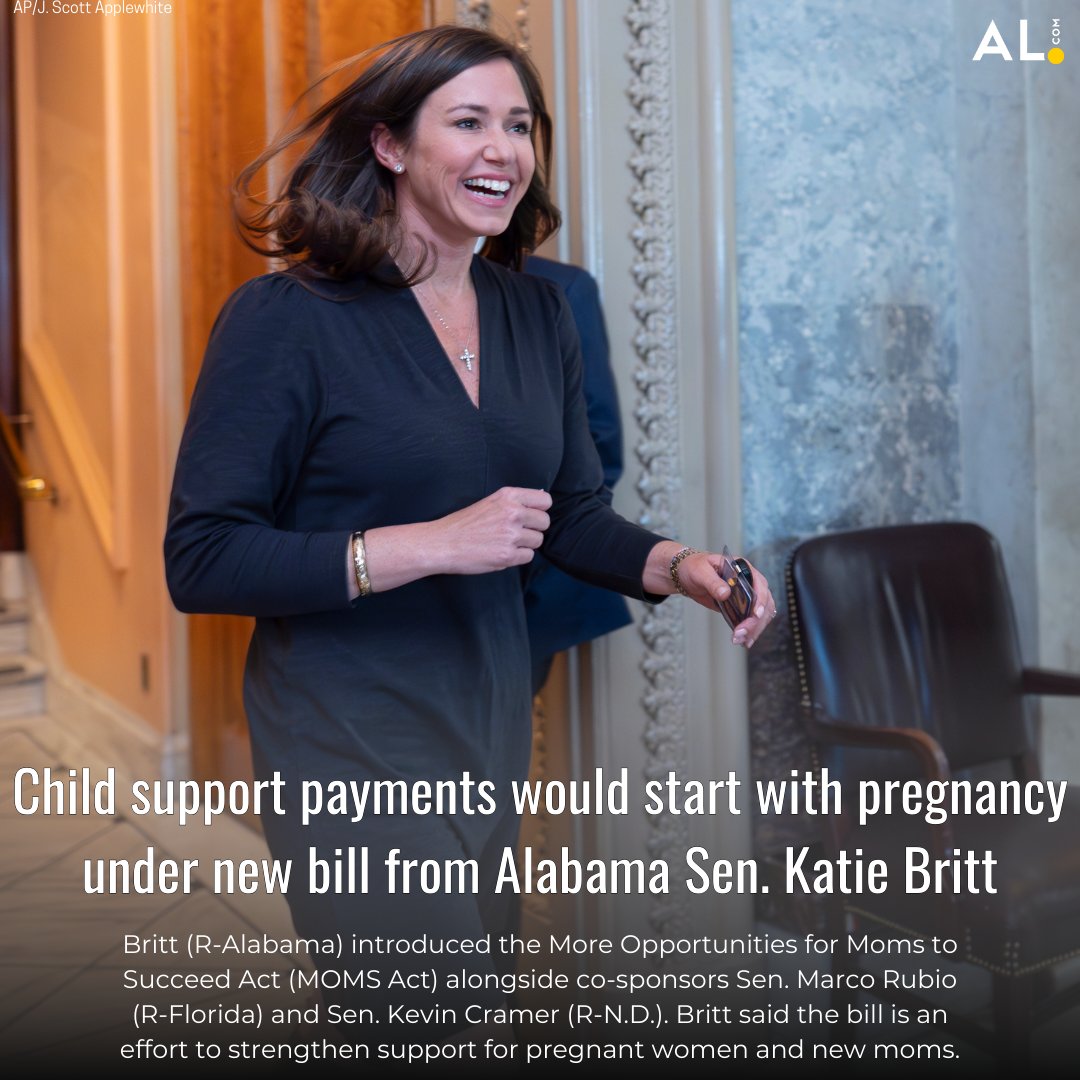 U.S. Sen. Katie Britt of Alabama introduced a bill today that would require child support throughout pregnancy and create a clearinghouse of adoption and anti-abortion pregnancy crisis centers to combat decreasing birth rates. Read more: al.com/news/2024/05/c…