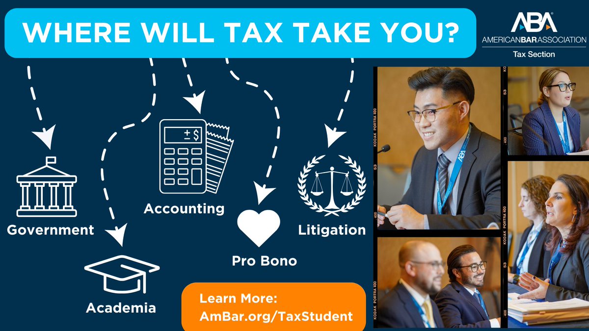 Current law students: make sure to take advantage of all your free ABA and Tax Section membership benefits. Learn more: americanbar.org/groups/taxatio… #Tax #TaxLaw #TaxStudents #CareersInTax #TaxCareers #StudentMembership @abalsd
