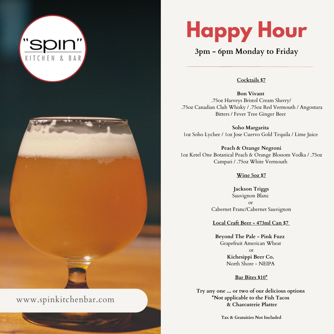 Happy Hour is served! Stop by @spinkitchenbar from 3pm - 6pm Monday to Friday for $7 cocktails like the Bon Vivant or Soho Margarita, $7 wines by the glass, local craft beers for $7, and shareable $10 bar bites. Unwind in style. #happyhour