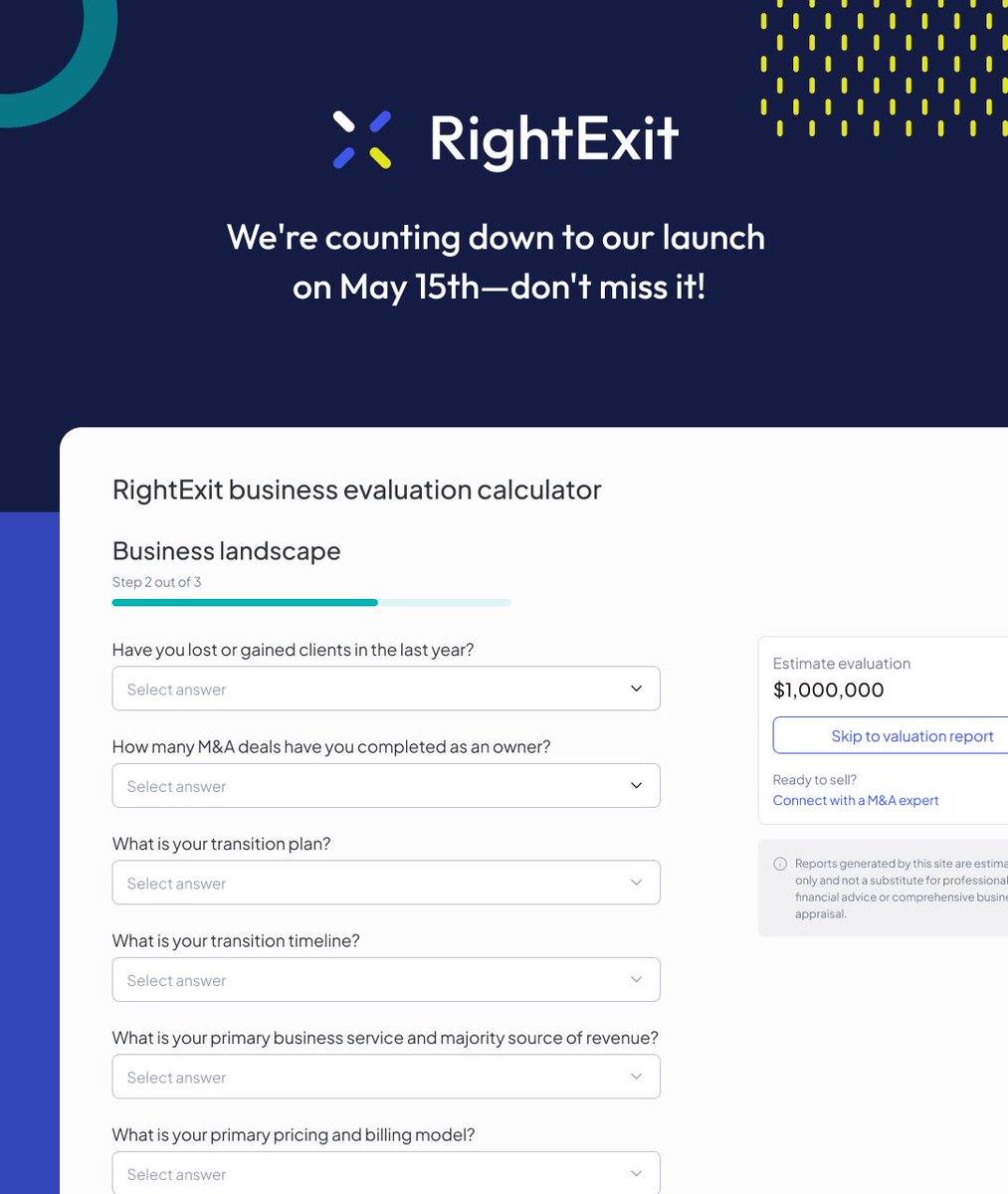 RightExitMA's tweet image. Wondering what RightExit is all about? Swipe through to learn about our platform and how it helps firm owners connect with buyers and sellers. We&apos;re counting down to our launch on May 15th—don&apos;t miss it! 🚀 #RightExit #PlatformFeatures #LaunchCountdown