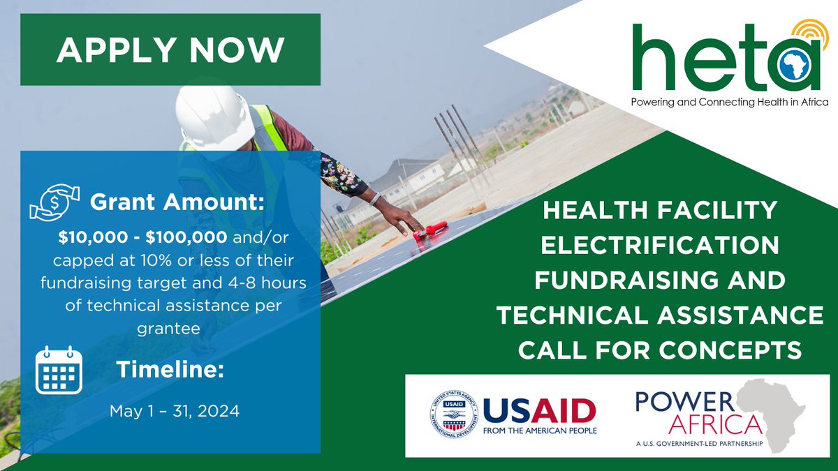 💰GRANT WINDOW OPEN | Help power health facilities w/ #EnergyAccess & #DigitalConnectivity!

The Health Electrification & Telecommunications Alliance is receiving applications for technical assistance & financial aid: ow.ly/EpGH50Rp5sb

❗DEADLINE: 5/31/24

@AbtGlobalImpact