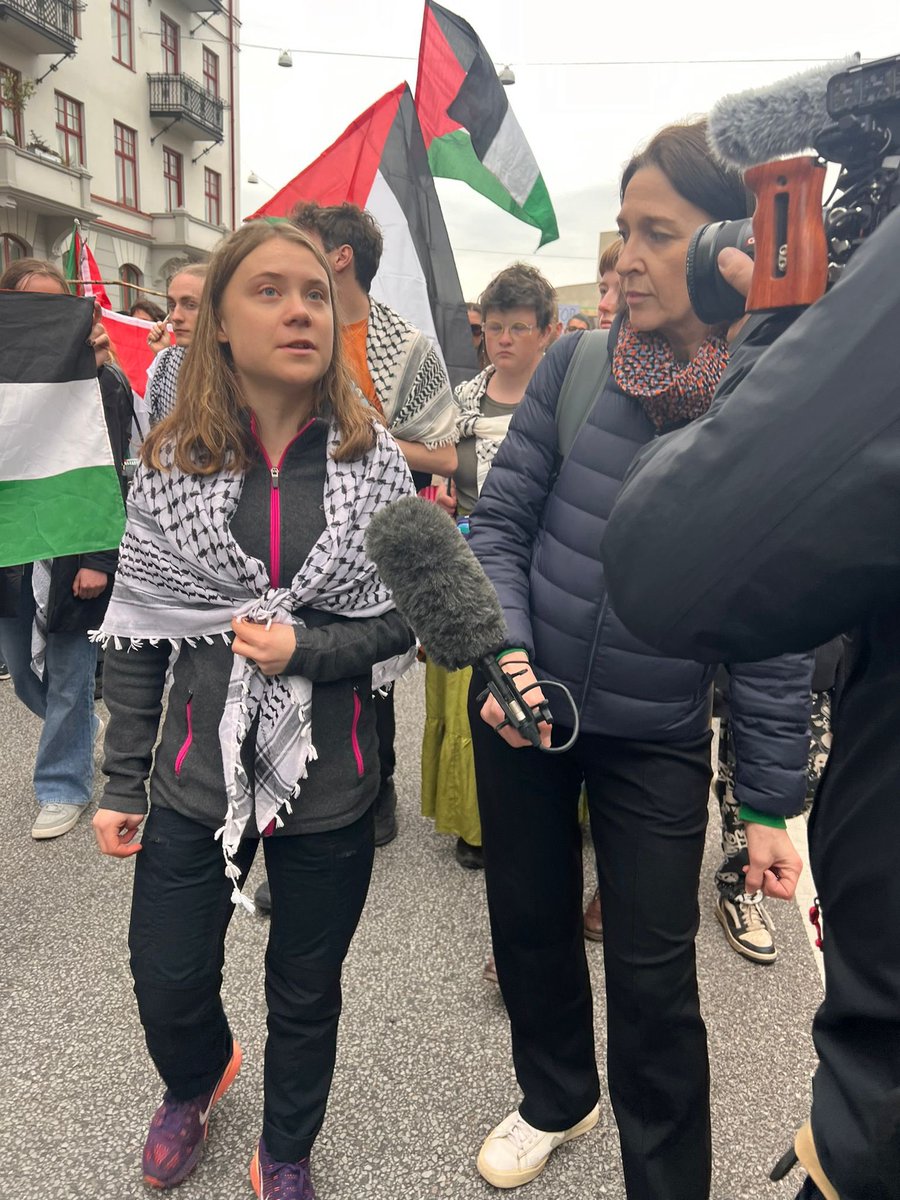 .@gretathunberg joined tens of thousands of people protesting @Eurovision's inclusion of genocidal Israel in the contest, which takes place on Saturday. #BoycottEurovision2024 #UnitedByGenocide #Eurovision #ESC #ESC2024