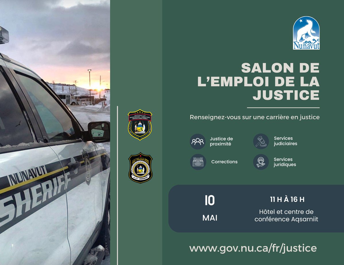 Viens travailler au ministère de la Justice! 🤝 💼Le ministère de la Justice tiendra une foire de l’emploi à l’hôtel Aqsarniit, à Iqaluit, le vendredi 10 mai, de 11 h à 16 h. 📝Apporte ton CV et nous pourrons t’aiguiller vers le type de poste que tu recherches.