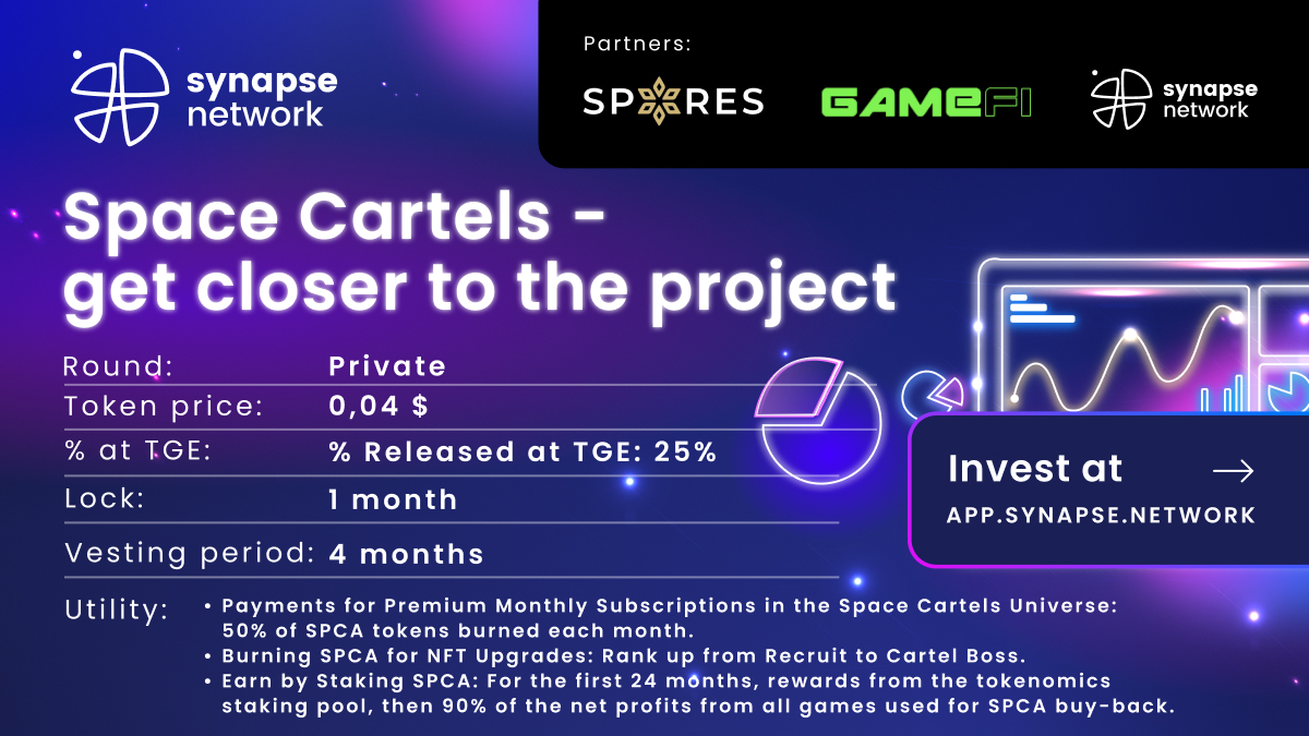 Grab the @SpaceCartels summary! 🫡 🟢 SALE IS OPEN 🟢 INVEST HERE ⤵️ app.synapse.network/participate/225 ⚡️ Partners: @SynapseNetwork_ @Spores_Network @GameFi_Official ⚡️