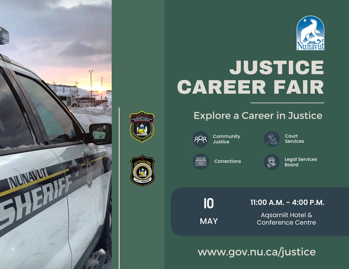 Join our team at the Department of Justice! 🤝 💼The department is holding a career fair in Iqaluit at Aqsarniit Hotel on Friday, May 10, from 11 a.m. to 4 p.m. 📝Come with your resume, and we will guide you to positions you are looking for.