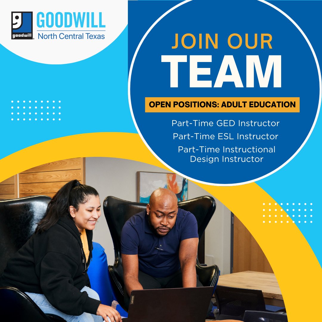 We’re seeking part-time help for our adult education & literacy programs! Join the Goodwill Family and help us provide education, training and job placement opportunities! GoodwillNorthCentralTexas.org/Jobs/Work-At-G…