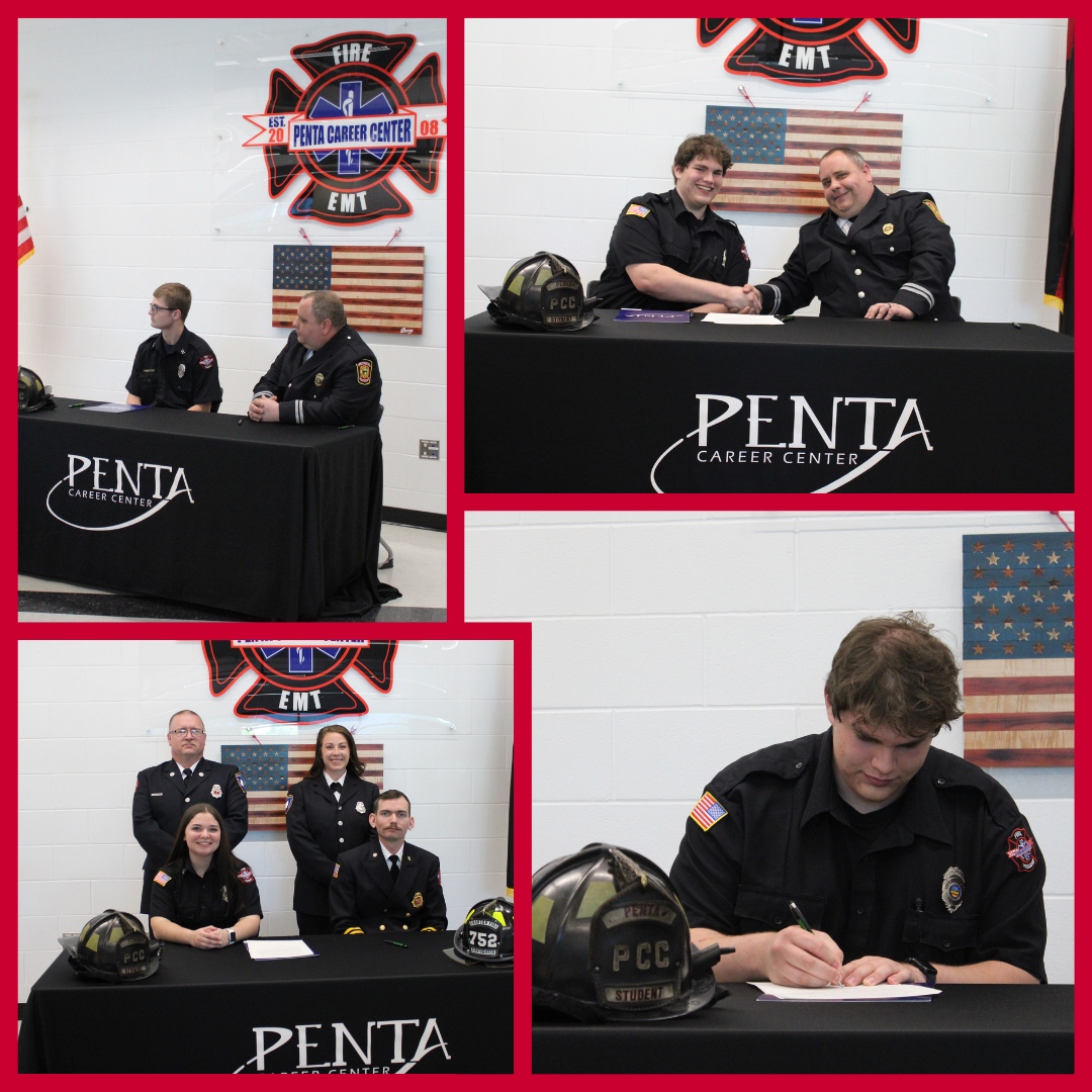 Exciting moments from our Firefighter program's Signing Day! 🚒 Four seniors signed with local fire departments, while one serves at Lake Township Fire Division and another heads to the U.S. Coast Guard! Congrats to all, career-ready thanks to Penta training! #SuccessReady