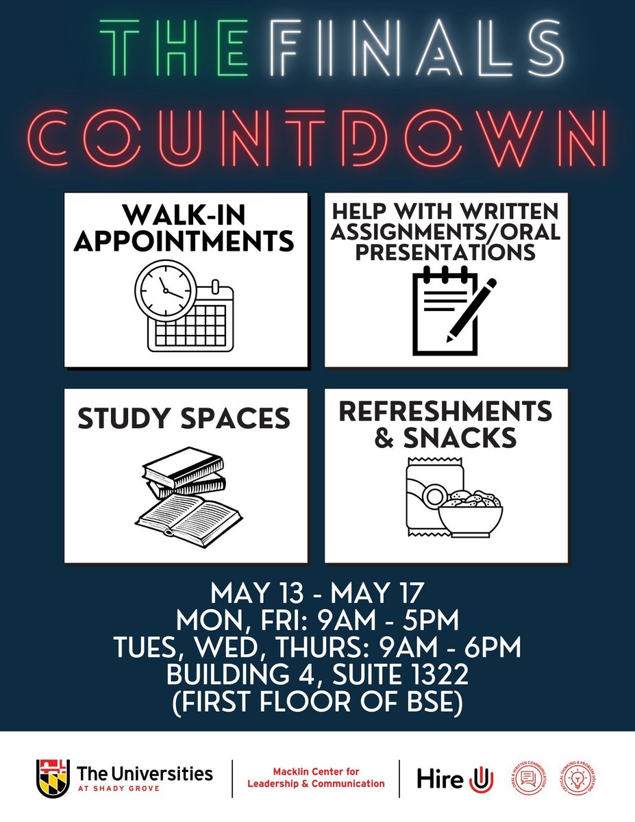 Finals week is near! Head over to the Macklin Center for walk-in appointments, help with written assignments/oral presentations, study spaces, and free snacks from May 13 - May 17.