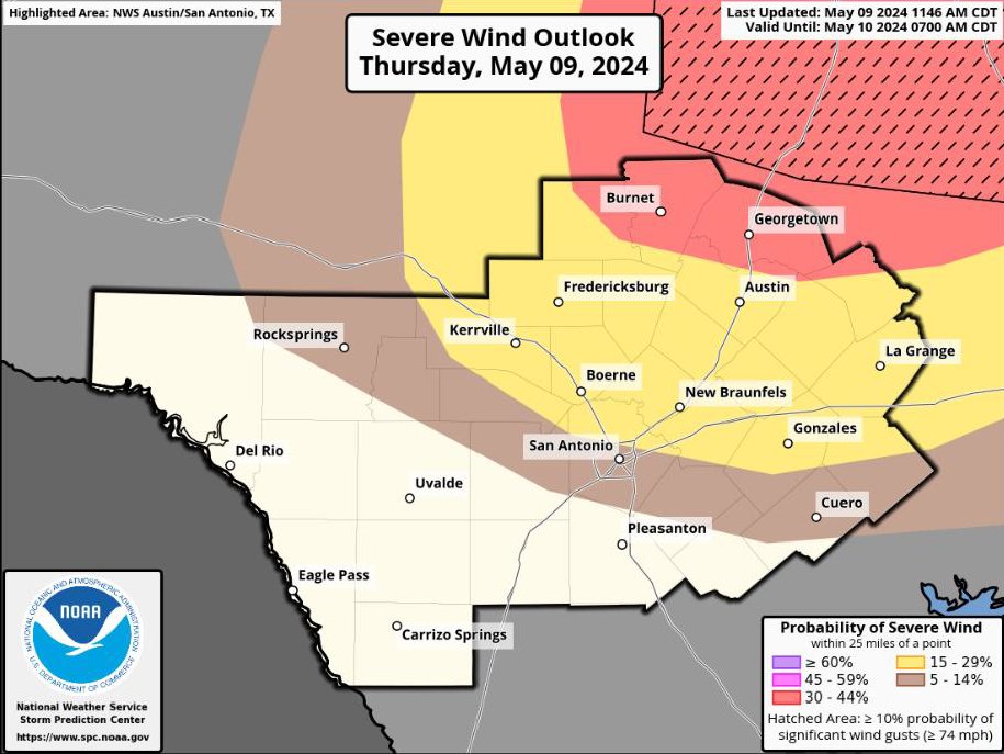Latest from @NWSSanAntonio on timing of the potential severe weather this evening. As well as predicted possibilities of tornados, wind, & hail. 

#BeWeatherAware sign up for Warn Central Texas: warncentraltexas.org