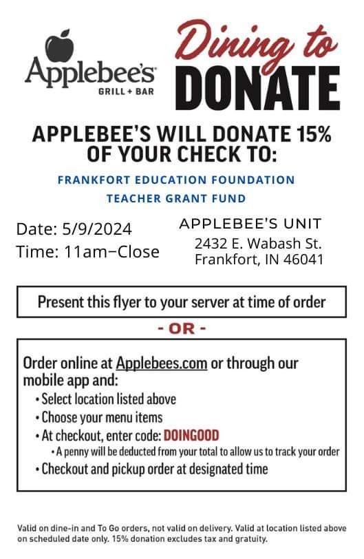 Remember to celebrate Teacher Appreciation with a meal out at Applebee's today! Proceeds support Frankfort Education Foundation teacher grants that benefit our students! 🐾🍎 @FEF_HotDog1 #teacherappreciationweek