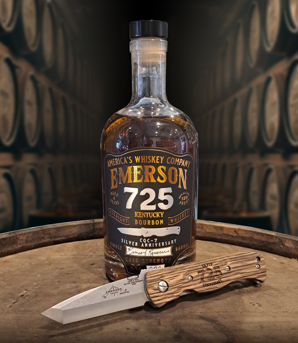 For all the Whiskey and Knife lovers out there, we present the latest from Emerson Whiskey Company, the 725 Bourbon and 25th year, silver anniversary of the Emerson CQC-7 package. For more info go to ow.ly/7TFf50RAiWU Available for pre-order now while supplies last.