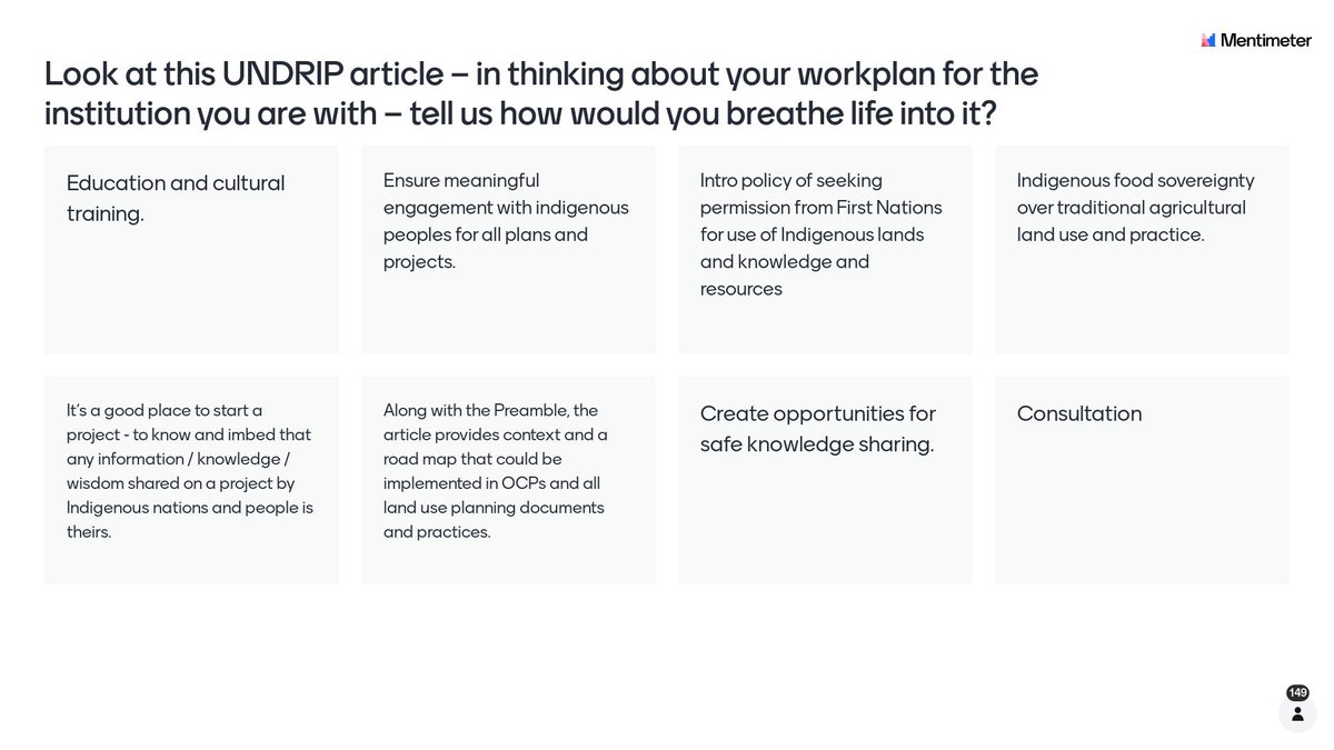 REFBC's tweet photo. In response to @Skusgluums question, @BCLandSummit attendees shared 140+ thoughts on how they could take action on #UNDRIP in their work.
More @Mentimeter responses: https://t.co/uEJdnMAeA7
#2024BCLS #BCLandSummit https://t.co/uNWFo7FuXT