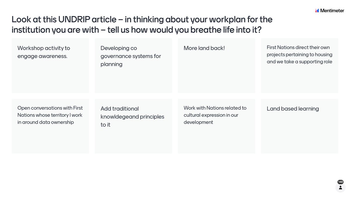 REFBC's tweet photo. In response to @Skusgluums question, @BCLandSummit attendees shared 140+ thoughts on how they could take action on #UNDRIP in their work.
More @Mentimeter responses: https://t.co/uEJdnMAeA7
#2024BCLS #BCLandSummit https://t.co/uNWFo7FuXT