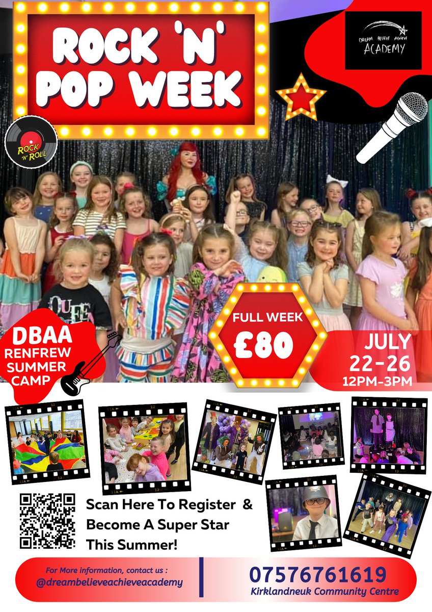 Dream Believe Achieve Academy's Rock 'n' Pop Summer Camp is designed for children aged 3 to 12 years old, promising a week filled with rhythm, melody, and unforgettable memories! 𝗙𝗶𝗻𝗱 𝗼𝘂𝘁 𝗺𝗼𝗿𝗲: tinyurl.com/5n8va57u