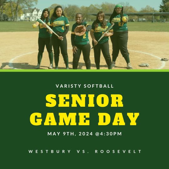 Westbury Varsity Softball hosts Roosevelt for their Senior Game Day on Thursday 5/9/24 at 5:00pm. Please come to this game at WHS to support our senior softball scholars.